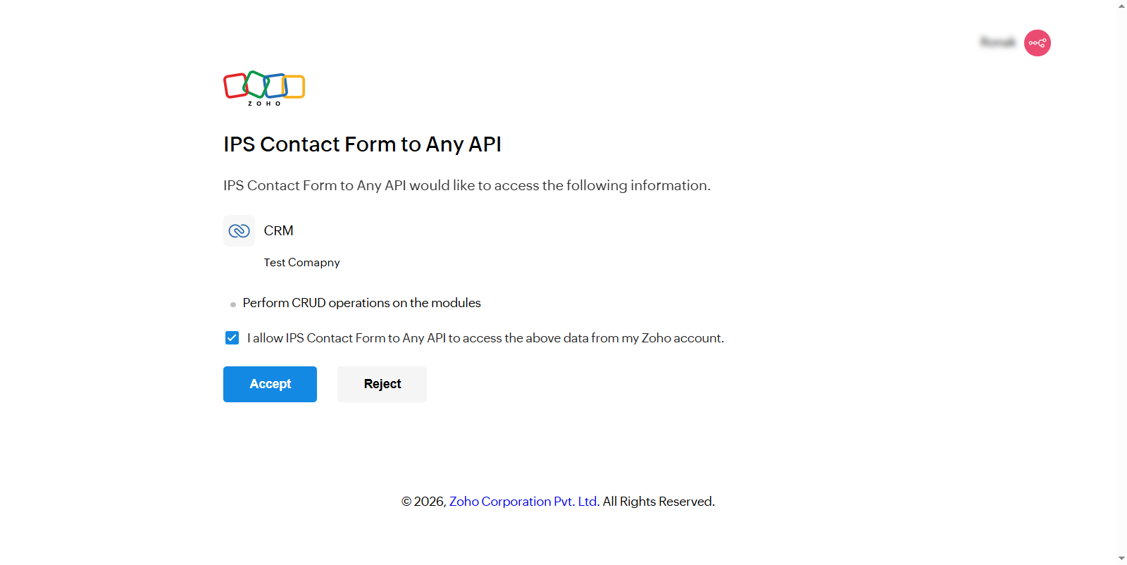 Authorize the connection in Zoho