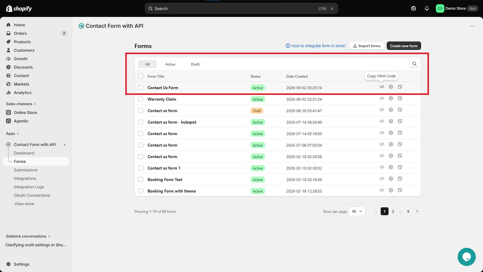 Copy the HTML code from Forms dashboard