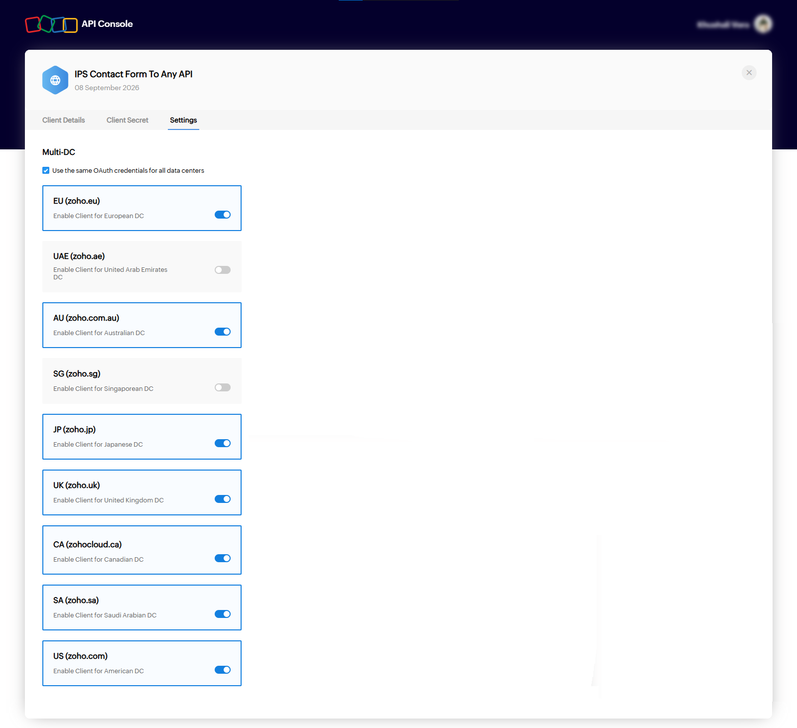 Make sure the data center is correct in the settings