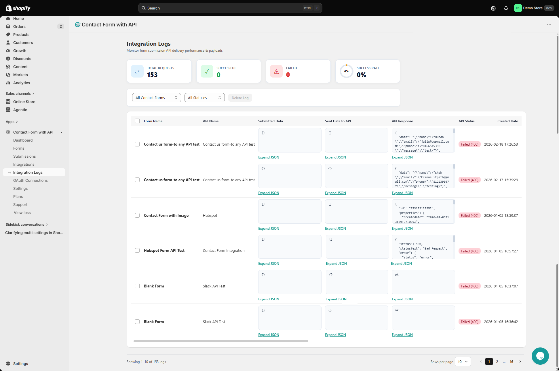 Overview of the Integration Logs Dashboard