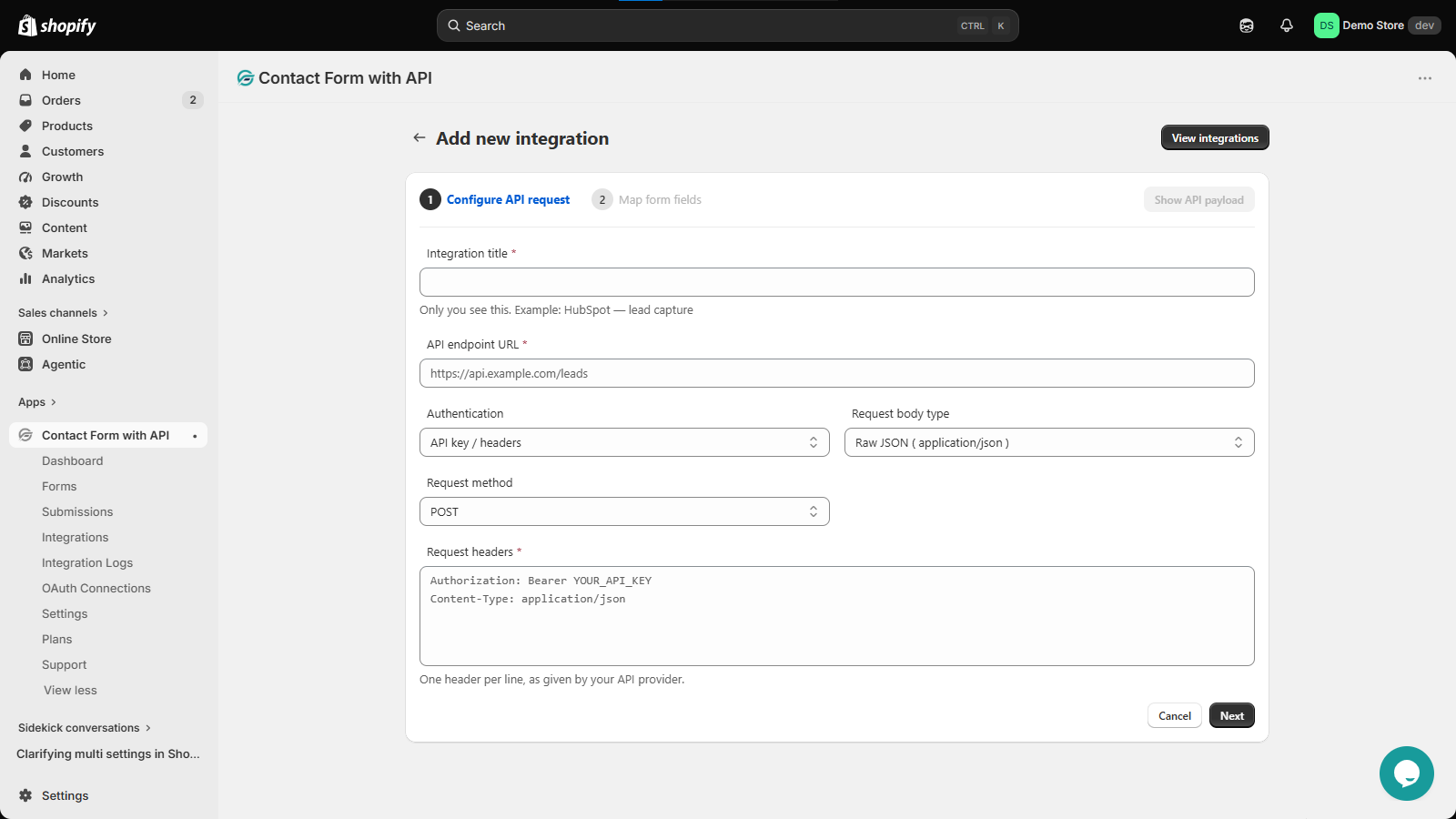 Start a new integration in Shopify